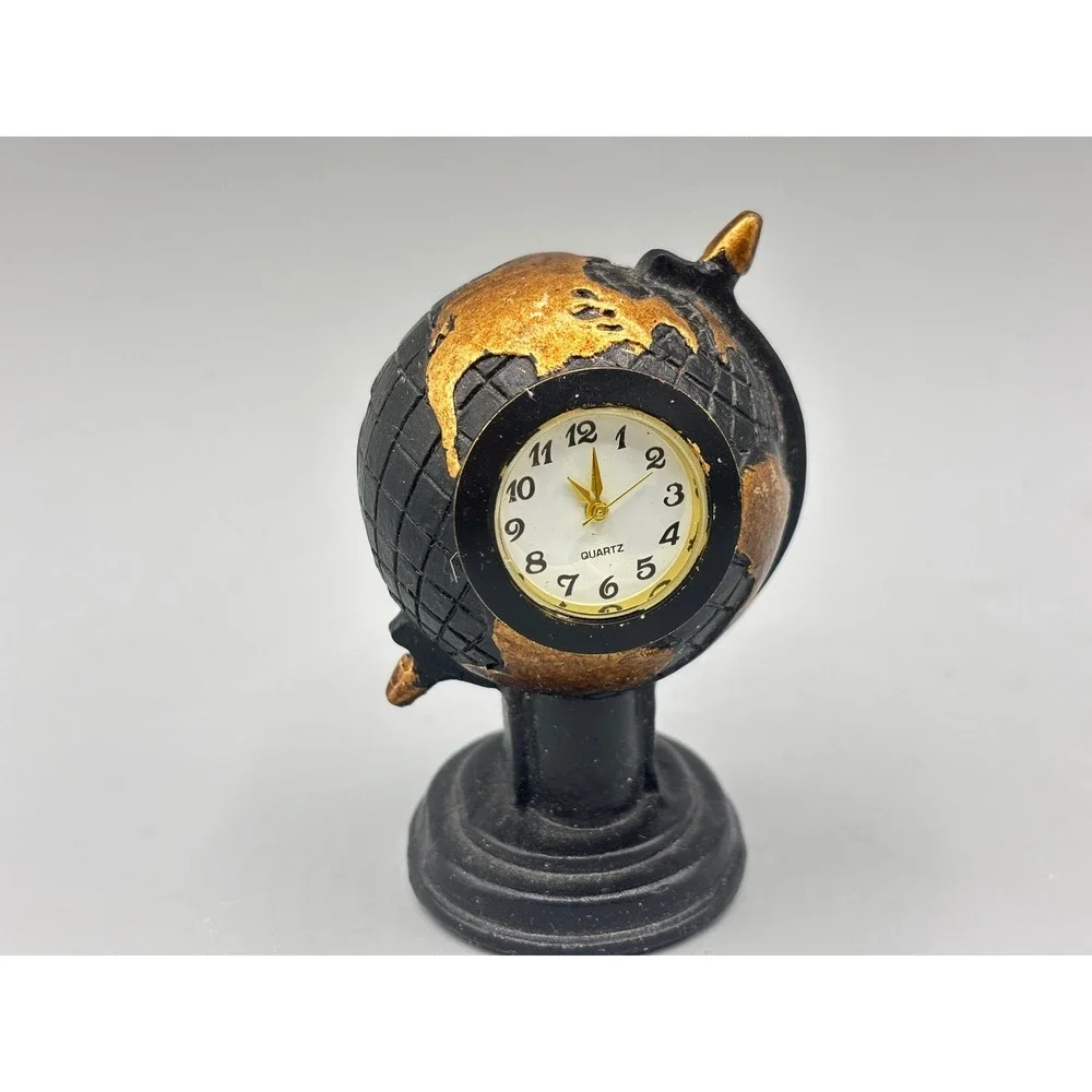 Miniature Globe Desk Clock Black Gold Quartz Movement Small Office Decor 3 Inch
